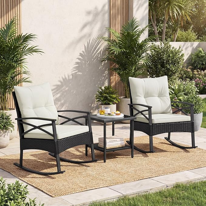Tangkula 3 Pieces Outdoor Rocking Chairs Set, Rattan Heavy Duty Cushioned Rocker Chairs with 2-Tier Tempered Glass Coffee Table, for Garden, Balcony, Backyard (Black+Beige) - Image 2