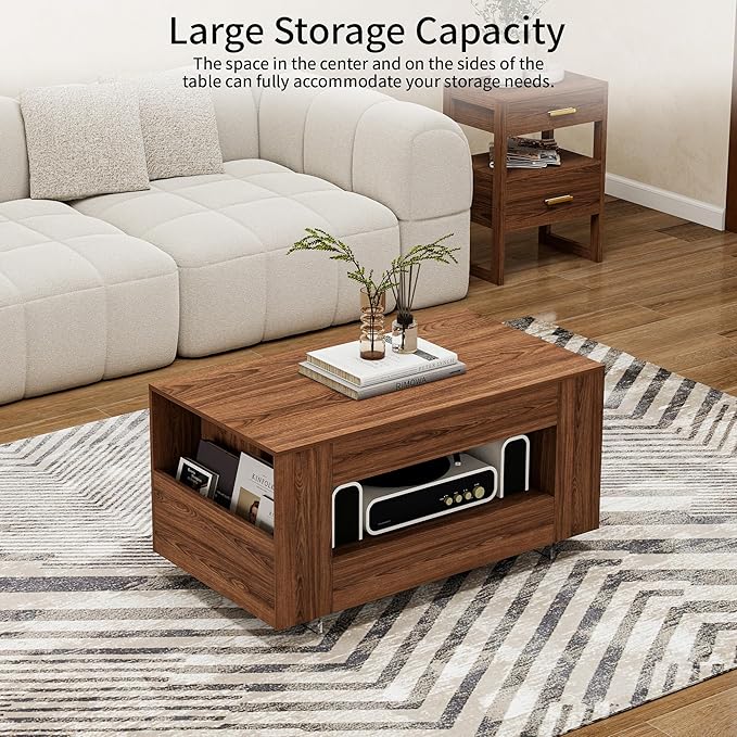 35" Wood Coffee Table for Living Room, Sides Storage with Transparent Legs, Minimalist Farmhouse 2-Tier Storage Shelf Center Table for Home Office, Apartment, Walnut