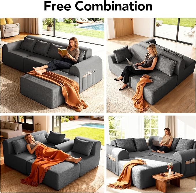 105.5” Cloud Modular Sectional Sofa, No Assembly Deep Seat L-Shaped Chenille Couch with Ottoman & 4 Pillows, 4-Seater for Living Room, Grey