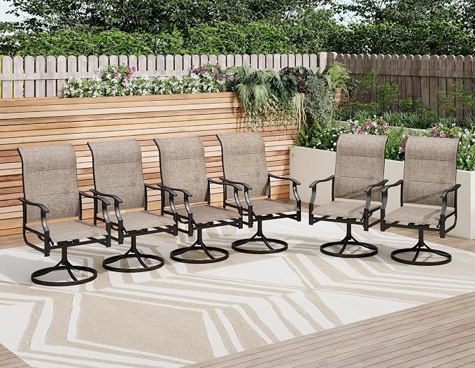 PHI VILLA Swivel Patio Chair Set of 6, 42" High Back Outdoor Chairs with Padded Fabric & E-Coating Frame, All Weather-Resistant for Deck Lawn Garden by PHIVILLA