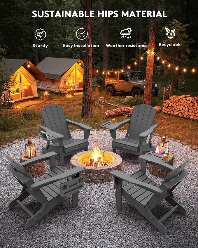 SERWALL Folding Adirondack Chair Set of 4, Outdoor Adirondack Chairs with 4 in 1 Cup Holder, Wood Texture Patio Chairs, Weather Resistant Fire Pit Chairs for Patio Deck Garden, Backyard Deck - Gray - Image 8