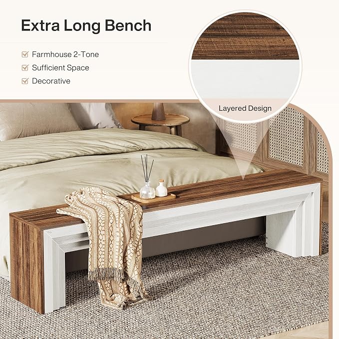 Tribesigns 71" Extra Long Entryway Bench, Modern Farmhouse Shoe Bench Wooden Indoor Seating with Layered Design for Hallway, End of Bed, Living Room, Sofa Back, Dining Room, Rustic Brown & White - Image 6