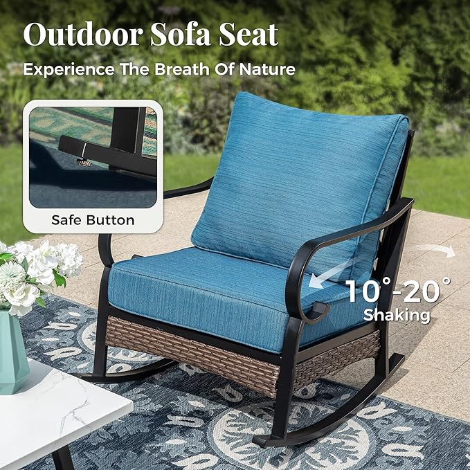 Patio Furniture Set with Coffee Table, Outdoor Conversation Set with 2 x Rocking Chairs, 1 x 2-Seat Sofa, 1 x 3-Seat Sofa for Lawn Garden Backyard, Pacific Blue