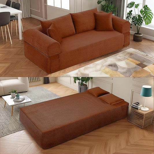 83" Modern Sofa in a Box, No Assembly Oversized 3 Seater 28" Deep Seat Cloud Sofa Bed Couch with 4 Furry Pillows & Corduroy Fabric, Boneless Couch with Side Storage Pockets for Living Room, Orange
