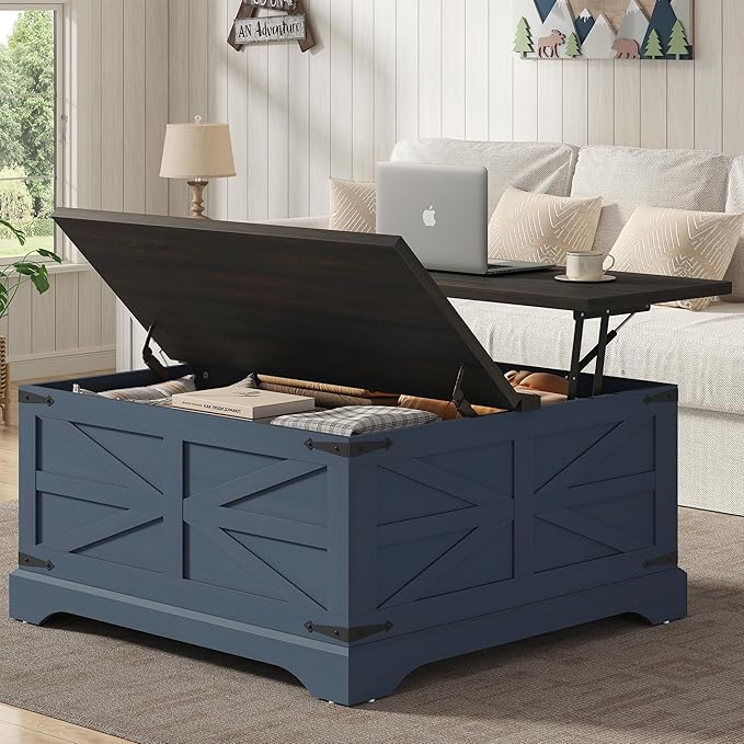Furnideco 35.5''W Square Coffee Table Farmhouse Lift top Coffee Table with Large Hidden Storage, Wood Center Table for Living Room, Home Office, Blue