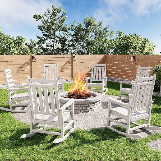 Garvee HDPE Rocking Chair Outdoor Set of 6 - Poly High Back Porch Rocker Chairs for Adults - All Weather Resistant Furniture for Patio Front Porch - White by Garvee