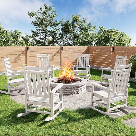 Garvee HDPE Rocking Chair Outdoor Set of 6 - Poly High Back Porch Rocker Chairs for Adults - All Weather Resistant Furniture for Patio Front Porch - White by Garvee