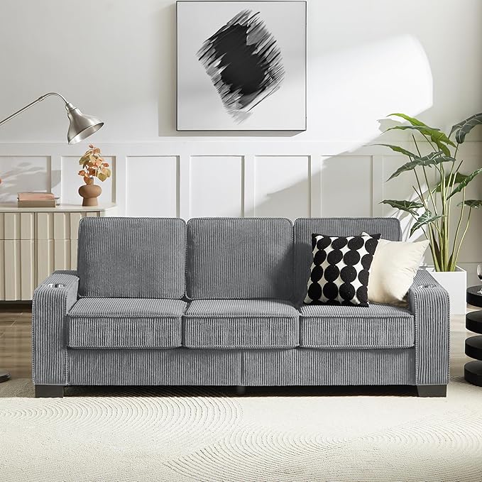 83" Modern Cloud Sofas for Living Room Bedroom, 3 Seat Modular Couch Soft Corduroy Upholstered Loveseat Couches with Cupholders for Home Apartment Office Studio