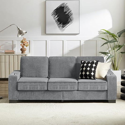 83" Modern Cloud Sofas for Living Room Bedroom, 3 Seat Modular Couch Soft Corduroy Upholstered Loveseat Couches with Cupholders for Home Apartment Office Studio