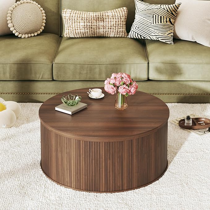 Round Coffee Table with Storage, 31.5" Lift Top Coffee Table, Mid Century Modern Coffee Tables for Living Room, Apartment Office, Fluted Table with Rustic Wood Desktop, Walnut