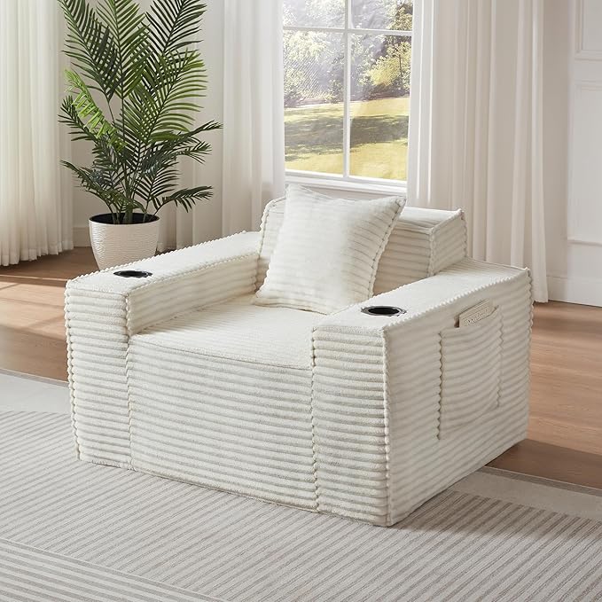 Cloud Loveseat Boneless Sofa Couch in a Box with Cupholders, Modern Corduroy Compressed Sofa for Living Room, High-Density Foam Couch with Pillows, No Assembly Required