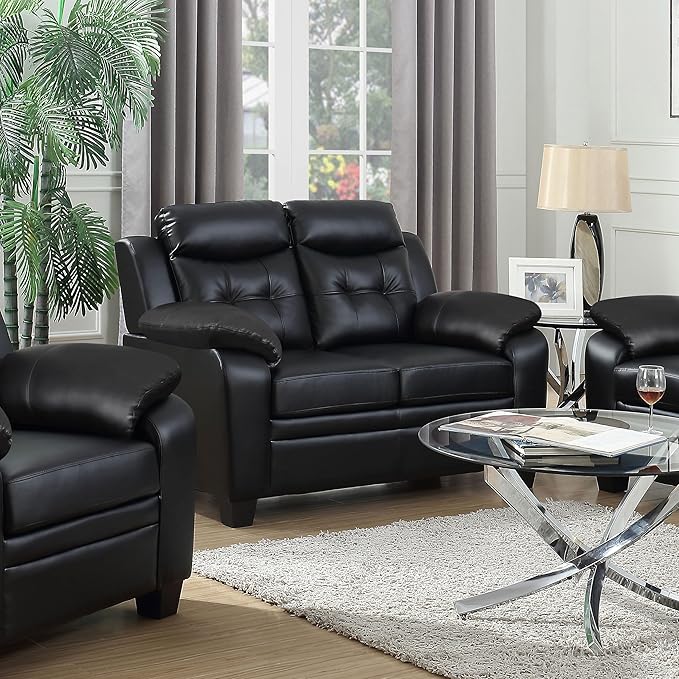 Coaster Home Furnishings - Finley - Leatherette - Upholstered Tufted Loveseat with Flared Armrest, and Tapered Legs - Living Room - Black - 506552