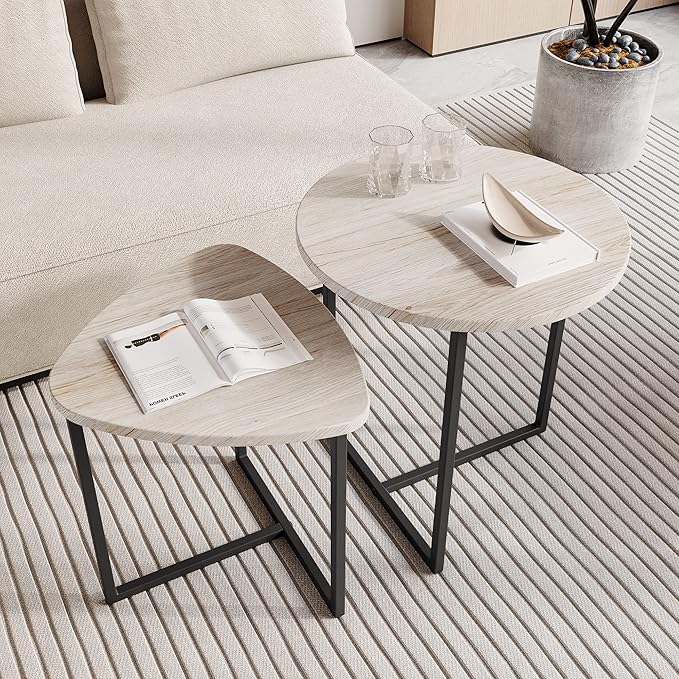 HOJINLINERO Round Coffee Table Set of 2 End Tables for Living Room,Black Small Coffee Table Living Room Table,Metal Frame & Wood Look,Sturdy and Easy Assembly,Stacking Side Tables Bedroom,White