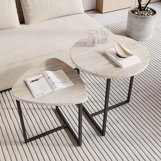 HOJINLINERO Round Coffee Table Set of 2 End Tables for Living Room,Black Small Coffee Table Living Room Table,Metal Frame & Wood Look,Sturdy and Easy Assembly,Stacking Side Tables Bedroom,White