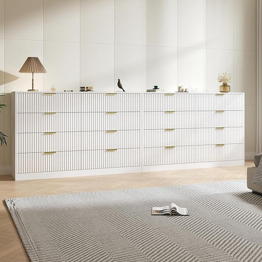 Dresser for Bedroom Set of 2, Fluted 16 Drawers White Dresser Wooden, Modern Bedroom Furniture Set, TV Stand Long Dressers & Chests of Drawers for Closet(15.7" D x 110.2" W x 36" H)