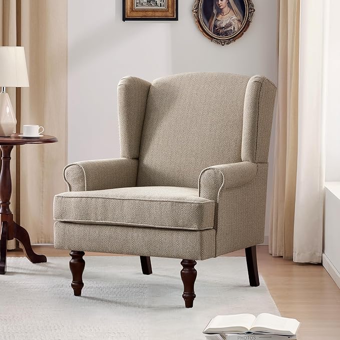 HUIMO Printed Wingback Accent Chair, Linen Upholstered High Back Armchair, Comfy Reading Chair for Living Room Bedroom Study, 300lbs Weight Capacity (1, Brown with Lines)