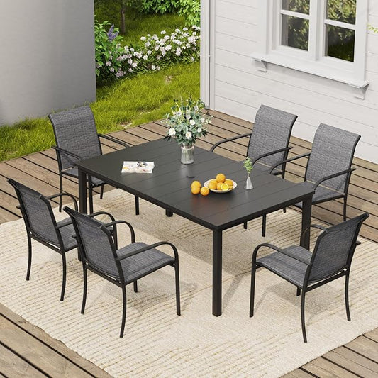 VICLLAX 7 Pieces Patio Dining Set, Patio Furniture Set of 6 Patio Stackable Dining Chairs and Outdoor Metal Table with Umbrella Hole for Backyard Lawn Garden, Dark Grey Chairs and Black Table by HOME