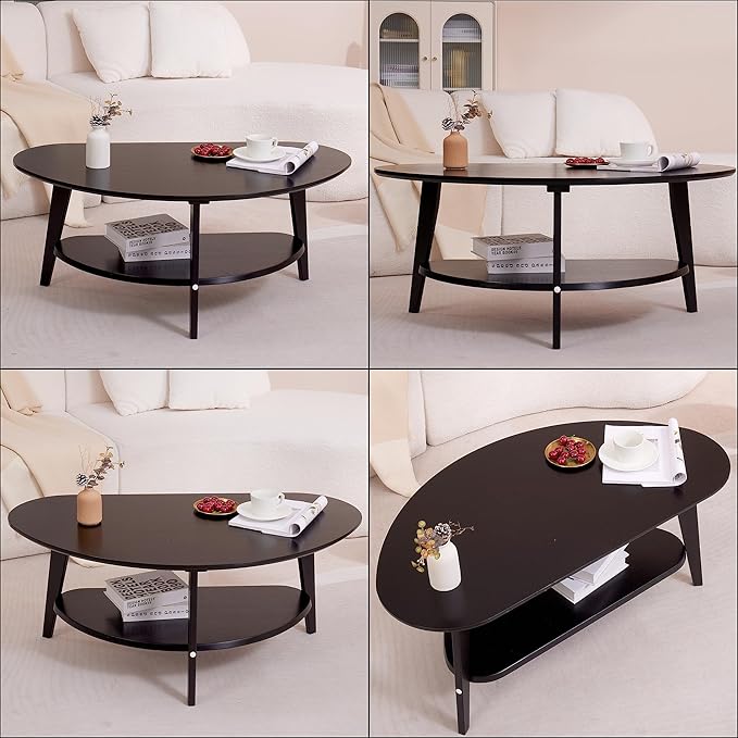 Mid Century Modern Coffee Table, Oval Coffee Tables with Storage for Living Room, 2 Tier Solid Wood Center Table, Black Coffe Tables, Easy Assembly, 40.2" D x 22" W x 17.7" H