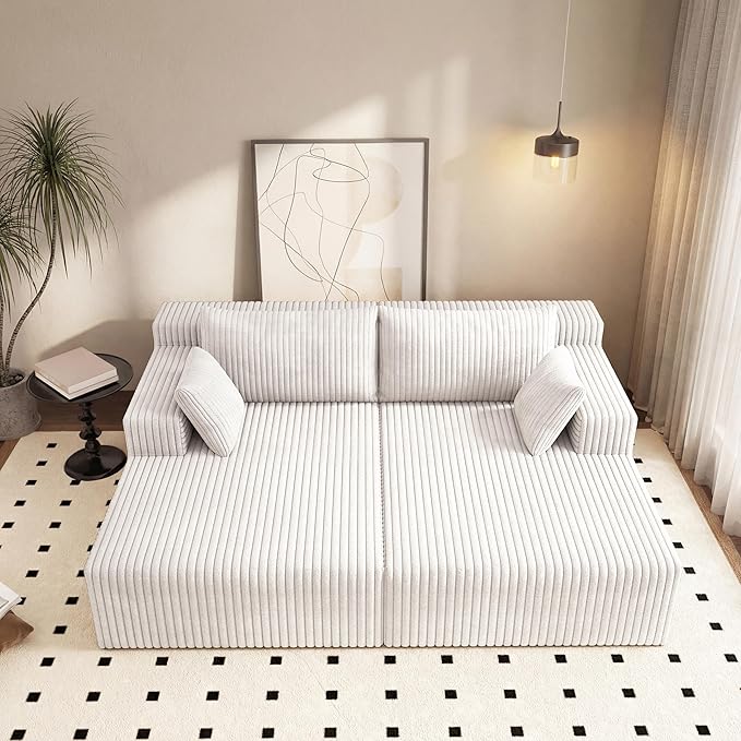 71-Inch Fluffy Corduroy Boneless Sleeper Daybed Loveseat Double Recliner Chaise Lounge Sofa Couches, Floor Cloud Sofa Chaise W/4 Pillows for Home Apartment Living Room