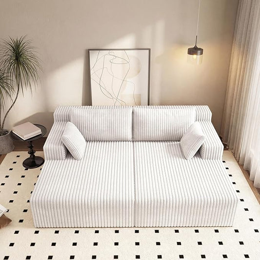 71-Inch Fluffy Corduroy Boneless Sleeper Daybed Loveseat Double Recliner Chaise Lounge Sofa Couches, Floor Cloud Sofa Chaise W/4 Pillows for Home Apartment Living Room