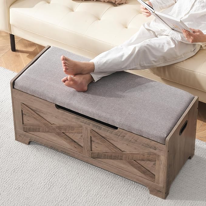 GarveeHome 39.4 in Storage Chest, Wooden Storage Bench with Safety Hinges, Easy Assembly, Large Shoe Bench for Entryway, Living Room, Bedroom - Image 6