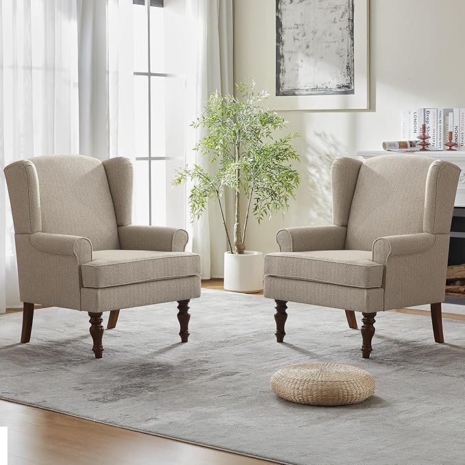 HUIMO Printed Wingback Accent Chair, Linen Upholstered High Back Armchair, Comfy Reading Chair for Living Room Bedroom Study, 300lbs Weight Capacity (2, Brown with Lines)