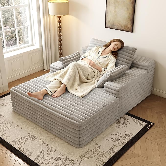 62.6" Oversized Chaise Lounge Chair for Bedroom Living Room, Boneless Sofa Couch Sleeper Bed, Memory Foam Cloud Couches with Throw Pillows, No Assembly, Plush Corduroy, Grey