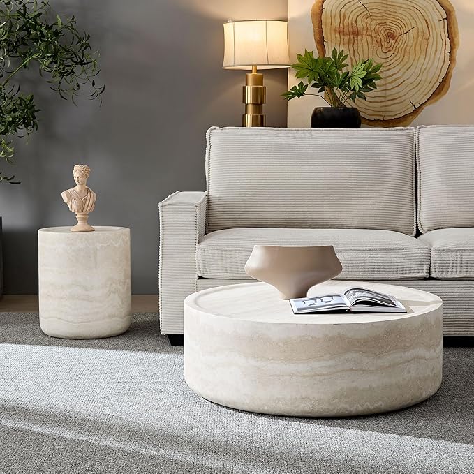 Modern Round Coffee Table Set of 2 for Living Room, Circle Coffee Table Side Table Set, Faux Mars Marble Pattern Center Table End Table Set for Apartment