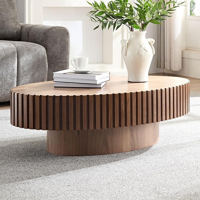 43.7" Oval Coffee Table for Living Room Fluted Pedestal Coffee Table Modern Handcrafted Centre Table for Apartment, Easy Assembly, Walnut