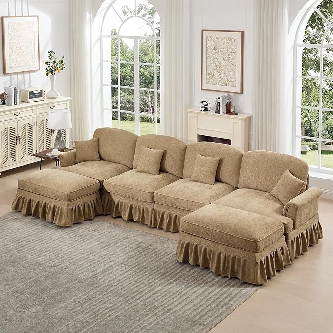 KEIKI Mid Century Modular Sofa with Flared Arms and Skirted Design, 137“ Oversized 4-Seater with 2 Ottomans Luxury Chenille U-Shaped Sectional Couches for Living Room, Chaise Lounge, Light Coffee