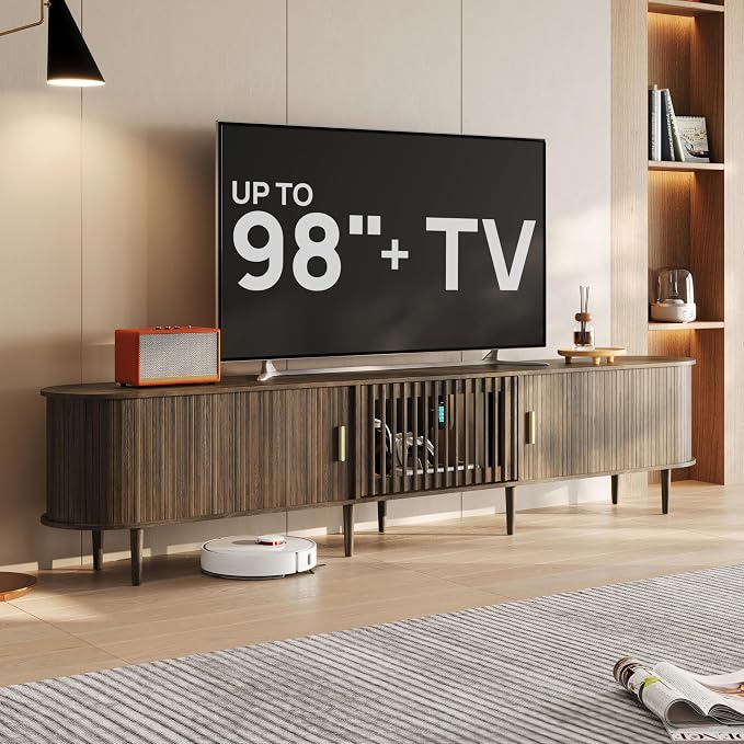 94.5" Fluted Mid Century Modern TV Stand for TVs Up to 80/85/86/90/98/100", Tambour Sliding Doors Entertainment Center with Storage&LED, Curved Media&TV Console Long TV Stands for Living Room, Walnut by BEDEEP
