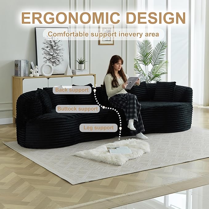106-Inch Curved Boneless Sofa Couches Compressed 4-Seat Foam Couch for Living Room Bedroom, Boneless Modular Cloud Sofa Curved Floor Couch with 6 Pillows, No Assembly