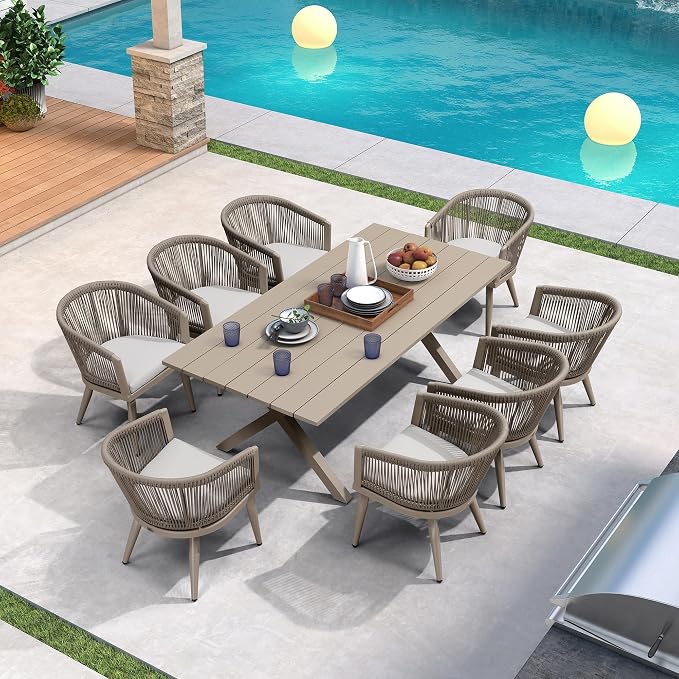 PURPLE LEAF Outdoor Dining Set for 8 All-Weather 9 Pieces Patio Aluminium Dining Table and Rope Weave Chairs Included Cushions for Backyard Deck Decor Kitchen Modern Patio Furniture Set Champagne by PURPLELEAF