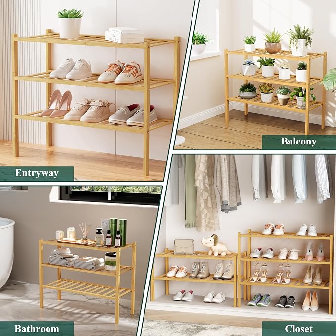 Smiry Shoe Rack, 4 Tier Long Bamboo Shoe Organizer, Stackable Free Standing Wooden Shoe Storage Shelf for Closet, Entryway, Front Door Entrance, Natural - Image 5