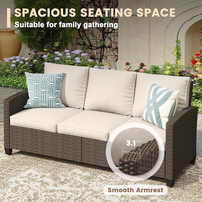 VICLLAX Patio Furniture Set 6 Pieces Wicker Outdoor Conversation Set, 3-Seat Sofa with 2-Seat Lover Couch, 2 Single Chairs and 2 Ottomans for Garden, Poolside, Backyard, Beige Cushion