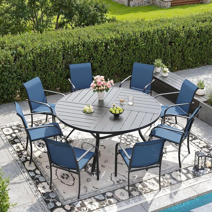 DIFY 9 Pieces Outdoor Patio Dining Set for 8, 53.1" Black Round Metal Dining Table and 8 Blue Stackable Textilene Patio Chairs, Outdoor Table and Chairs for Backyard Garden Poolside by DIFY