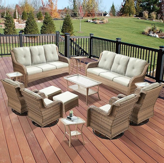 Wicker Patio Furniture Set: 13 Piece Outdoor Conversation Sets with 4 Swivel Rocker Chairs, 2 Patio Couch, Rattan Ottomans, 4 Side Table and Coffee Table for Deck Garden, Yellow/Beige