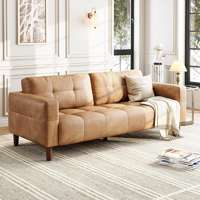 GarveeHome 3-Seater Sofa Couch, 83 in Wide Faux Leather Sofa Couch with Spring Cushion, Modern Sofa with Deep Seats and 2 Removable Back Cushions, for Living Room, Bedroom, Apartment, Office, Brown