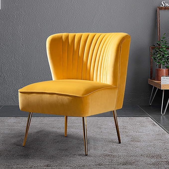 HULALA HOME 3 Piece Velvet Living Room Furniture Set, Modern Comfy Upholstered Chair Set with Golden Legs, include Loveseat & 2 Accent Chairs for Bedroom, MUSTARD Tufted 2-Seater Sofa & Armless Chairs