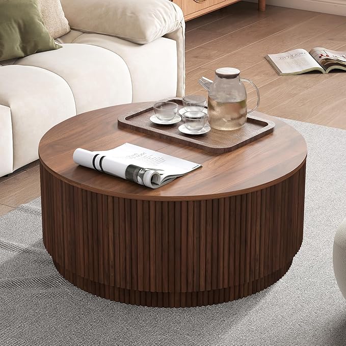 31.5" Round Coffee Table with Storage, Mid Century Modern Coffee Tables with Fluted Base, Wooden Circle Accent Center Table for Living Room Small Space Apartment Office (Walnut)