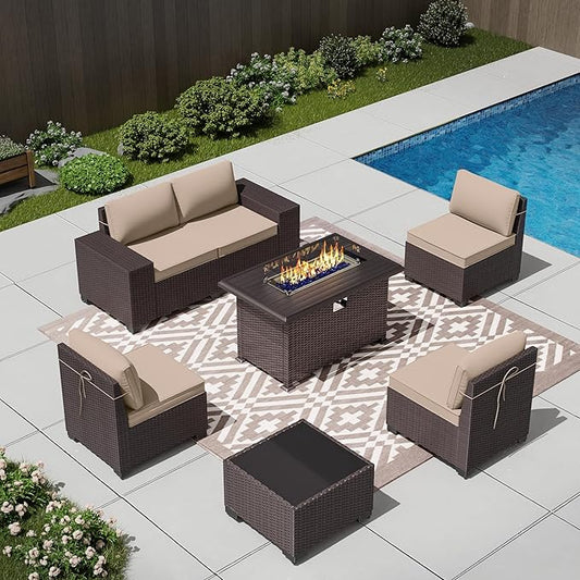 7 PCS Outdoor Patio Furniture Set,Outdoor Sectional Furniture with 43" 55000 BTU Gas Propane Fire Pit Table,All Weather PE Rattan Wicker Patio Conversation Set,Sand