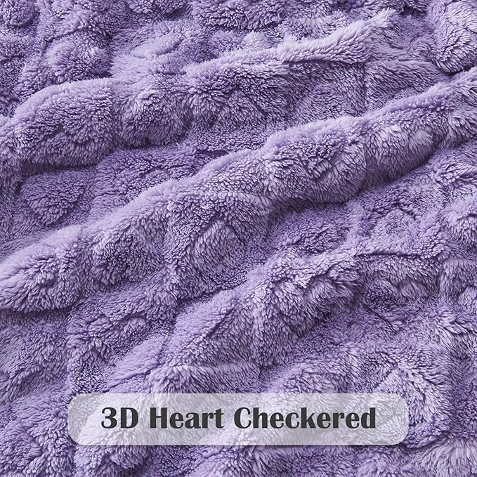 NEWCOSPLAY Super Soft Queen Blanket Lavender Premium Silky Flannel Fleece 3D Heart Checkered Lightweight Bed Blanket All Season Use (Lavender Heart, Queen(90"x90"))