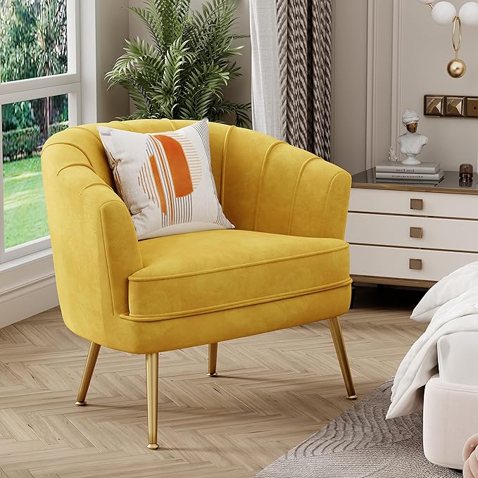 Andeworld Velvet Accent Chair, Upholstered Modern Single Sofa Side Chair,Comfy Barrel Club Living Room Armchair with Golden Metal Legs for Bedroom Living Reading Room Office, Yellow