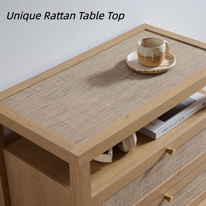 VividVibe Natural Oak Night Stand Set 2, Nightstand with Drawers and Storage Shelf - Rattan Boho Bedside Tables Large Nightstands Wooden Bed Side Table, Modern Farmhouse Accent Rustic End Table - Image 5