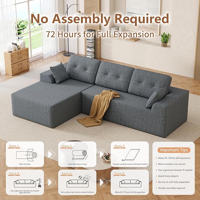 Ball & Cast 106" Cloud Modular Sectional Sofa, Boneless Chenille Couch with Deep Seat, Comfy L-Shaped Sectional, Modern Upholstered Sofa for Living Room, No Assembly (Gray, Left Facing Chaise)