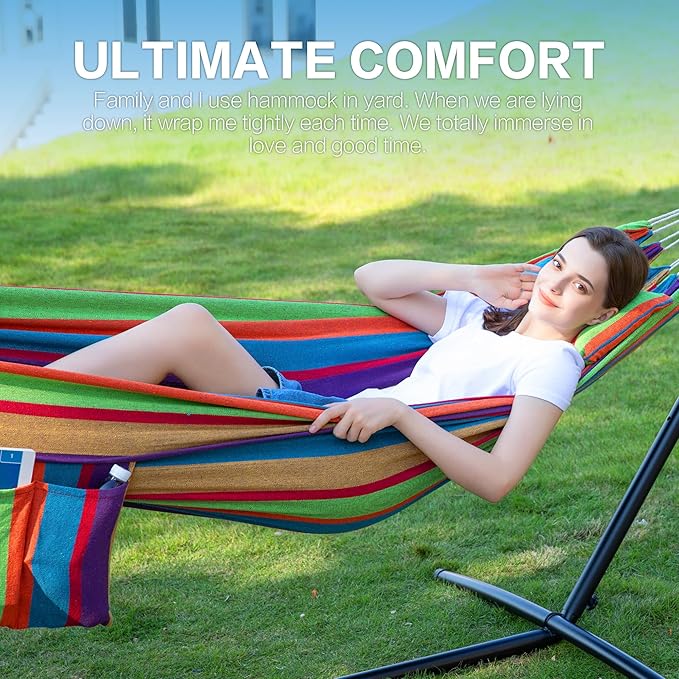 PNAEUT Double Hammocks with Stand for Outside, Portable Space Saving Heavy-Duty Steel Stand for Indoor Outdoor Patio, 450 lbs Capacity (Tropical) - Image 3