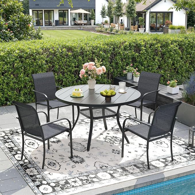 DIFY Outdoor Dining Set for 4, Patio Dining Furniture Set Includes 42" Black Round Table with Adjustable Umbrella Hole and 4 Grey Stackable Metal Chairs for Poolside, Garden, Backyard by DIFY