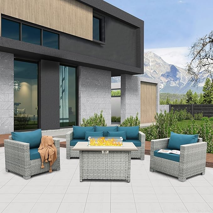 WAROOM Patio Furniture Set 4 Piece Outdoor Wicker Conversation Sets PE Rattan Couch Sectional Sofa with Fire Pit Table, Peacock Blue Cushion