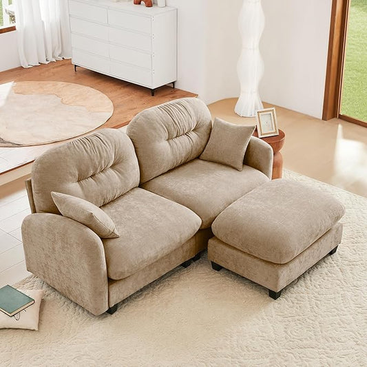 KEIKI 74" L-Shaped Oversized Chenille Modular Sectional Loveseat Sofa with 1 Ottoman, High-Density Foam Cushions, Tufted Pleated Cushion Backrest, 2-Seater Couch with 2 Pillow, for Living Room, Camel