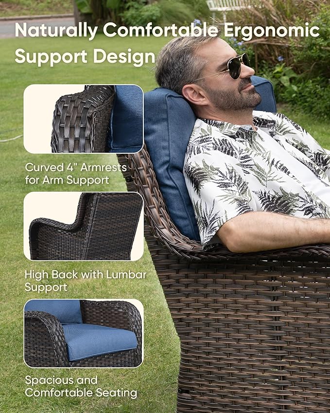 HUMMUH 5 Piece Outdoor Patio Furniture Set Wicker Conversation Bistro Set Swivel Rocking Chairs with Side Table and Ottomans for Backyard, Porch, Balcony